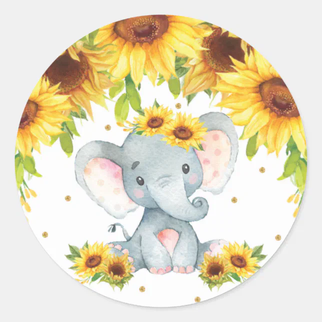 Elephant Sunflower Baby Shower Birthday Favor Classic Round Sticker ...