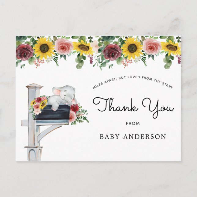 Elephant Sunflower Baby Shower by Mail Thank You Postcard (Front)