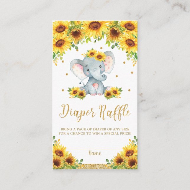 Elephant Sunflower Baby Shower Diaper Raffle Enclosure Card (Front)