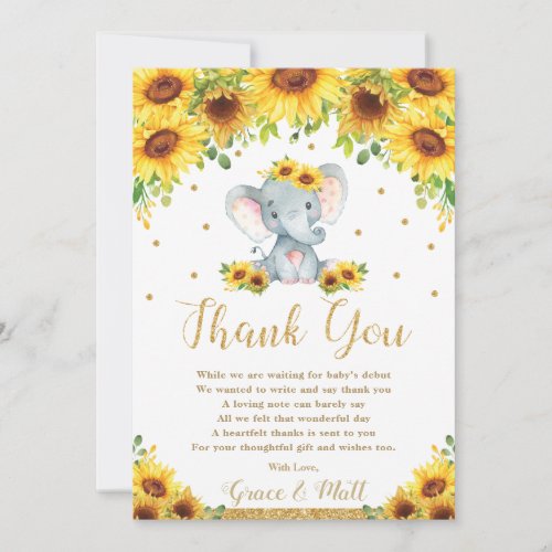 Elephant Sunflower Baby Shower Thank You Card