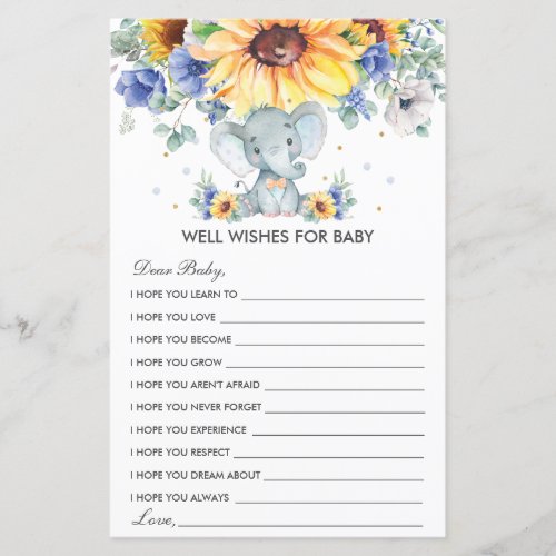 Elephant Sunflower Blue Shower Wishes for Baby