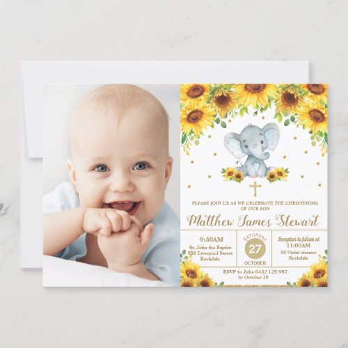 Elephant Sunflower Christening Baptism Boy Photo Invitation