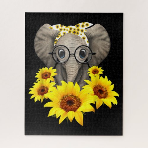 Elephant Sunflower Cute Elephant Love Sunflower Jigsaw Puzzle