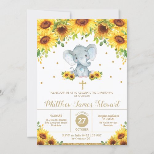 Elephant Sunflower Floral Christening Baptism Boy Invitation