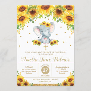 Elephant Sunflower Floral Christening Baptism Girl Invitation