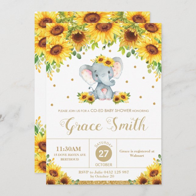 Elephant Sunflower Floral Co-Ed Baby Shower Girl Invitation (Front/Back)