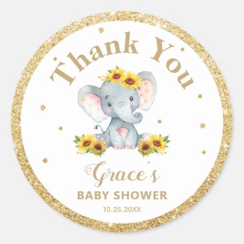 Elephant Sunflower Thank You Favors Gold Glitter Classic Round Sticker