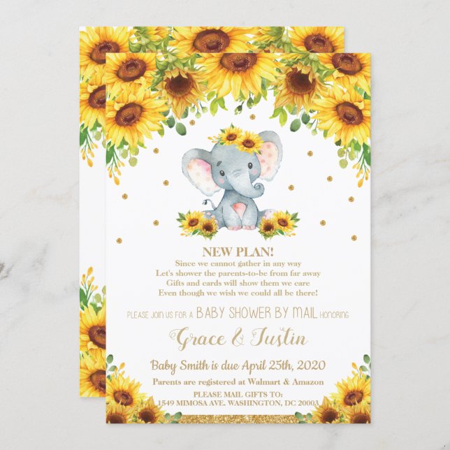 Elephant Sunflower Virtual Baby Shower by Mail Invitation (Front/Back)