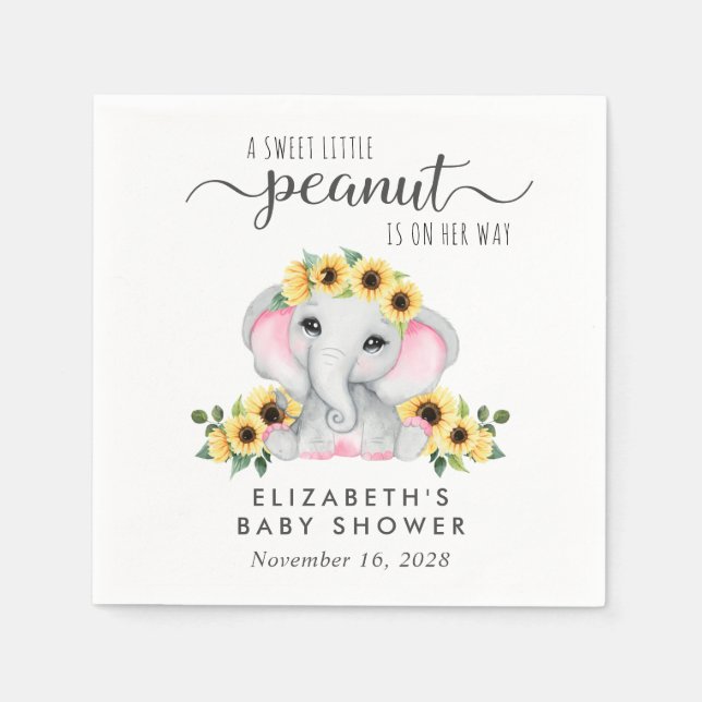 Elephant Sunflowers Baby Girl Shower Napkins (Front)