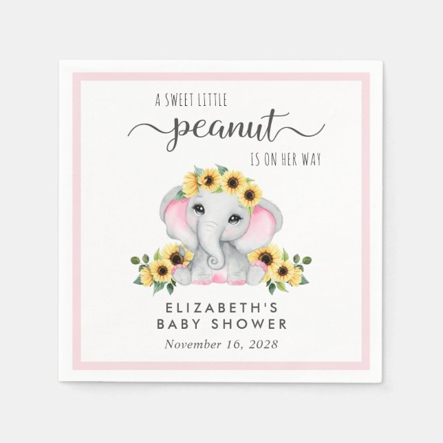 Elephant Sunflowers Baby Girl Shower Napkins (Front)