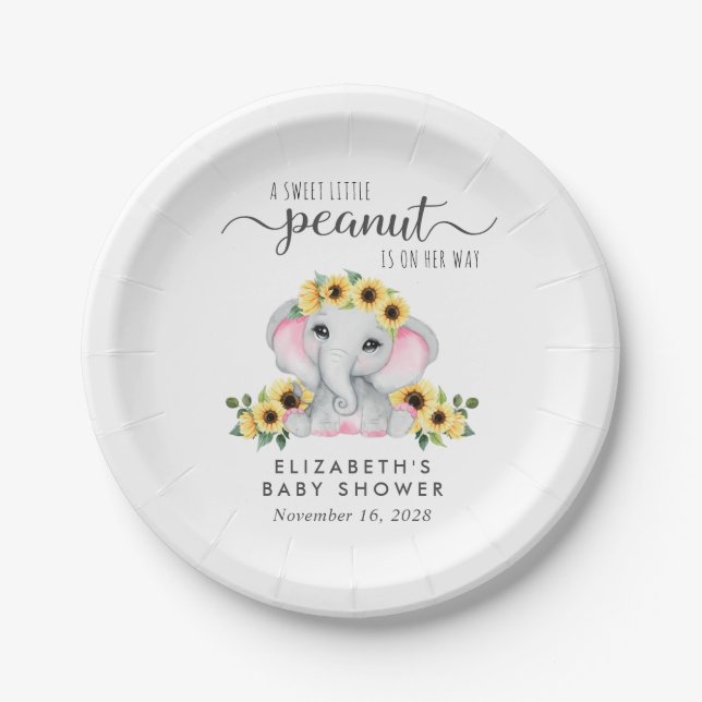 Elephant Sunflowers Baby Girl Shower Paper Plates (Front)