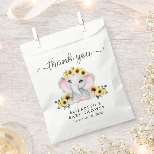 Elephant Sunflowers Baby Girl Shower Thank You Favor Bag (Clipped)