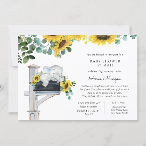 Elephant Sunflowers Baby Shower by Mail Invitation