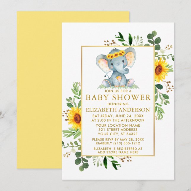 Elephant Sunflowers Greenery Baby Shower Gold Invitation (Front/Back)