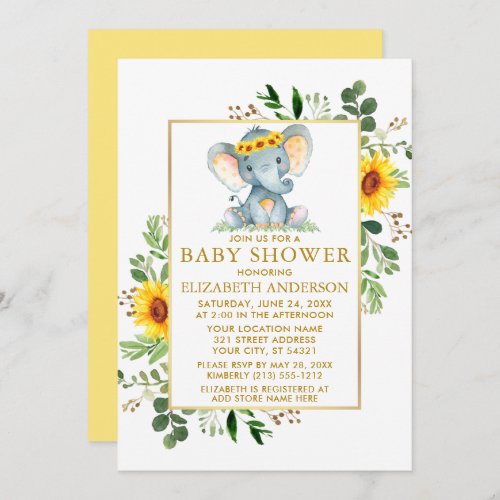 Elephant Sunflowers Greenery Baby Shower Gold Invitation