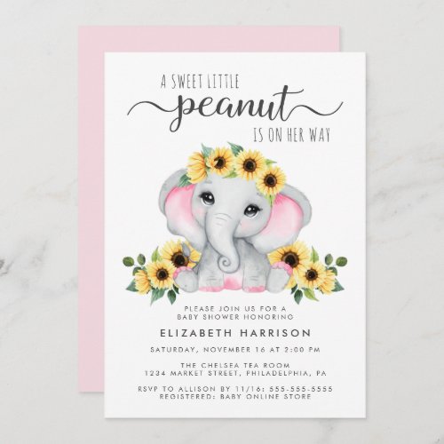 Elephant Sunflowers Pink Watercolor Baby Shower Invitation