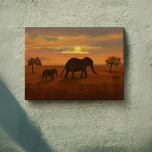 Elephant Sunset Oil Painting – Wrapped Canvas Wall Print