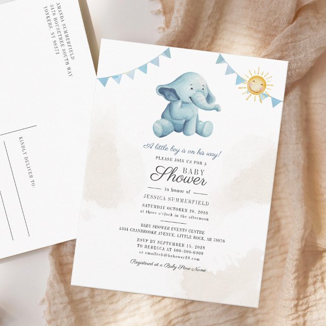 Elephant Sunshine Watercolor Boy Baby Shower Invitation Postcard (Sunshine and Elephant Baby Shower Invitation Postcard)