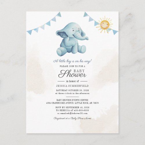 Elephant Sunshine Watercolor Boy Baby Shower Invitation Postcard