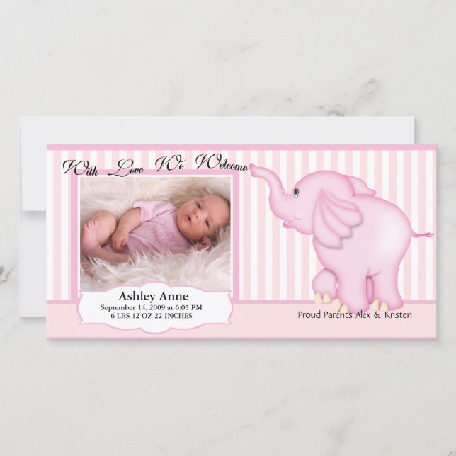 Elephant Sweet Baby Girl Birth Announcement (Front)