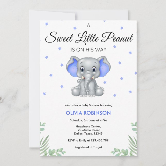 Elephant Sweet Little Peanut Boy Baby Shower  Invitation (Front)