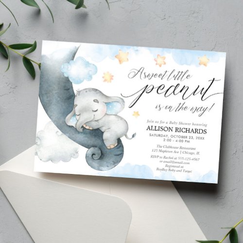 Elephant sweet little peanut cute boy baby shower invitation