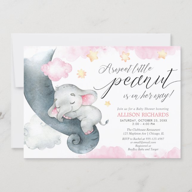 Elephant sweet little peanut cute girl baby shower invitation (Front)