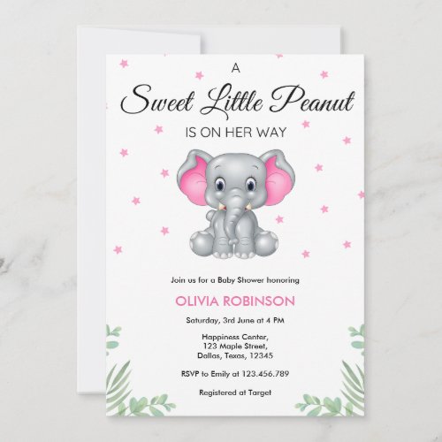 Elephant Sweet Little Peanut Girl Baby Shower  Invitation
