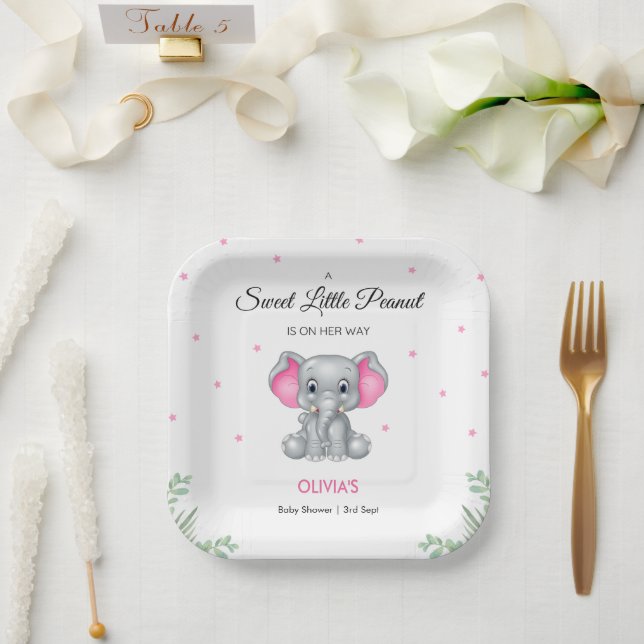 Elephant Sweet Little Peanut Girl Baby Shower  Paper Plates (Wedding)