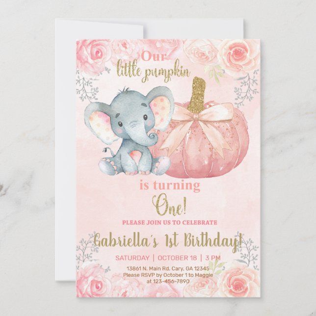 Elephant sweet little pumpkin 1st birthday invite. invitation (Front)