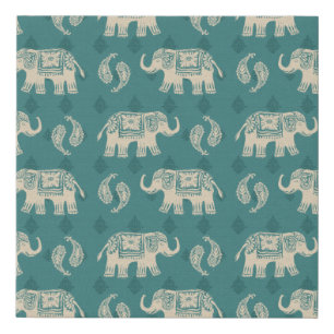 Elephant Teal Caravan Pattern Faux Canvas Print