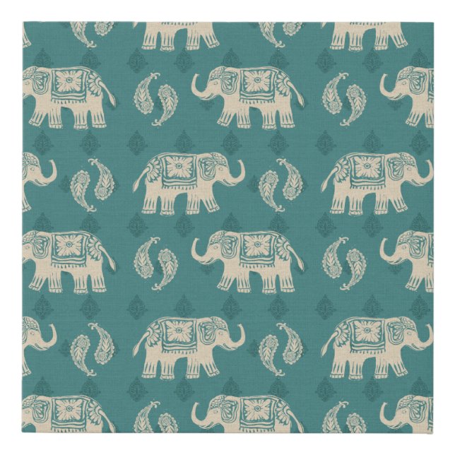 Elephant Teal Caravan Pattern Faux Canvas Print (Front)