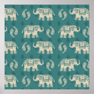 Elephant Teal Caravan Pattern Poster