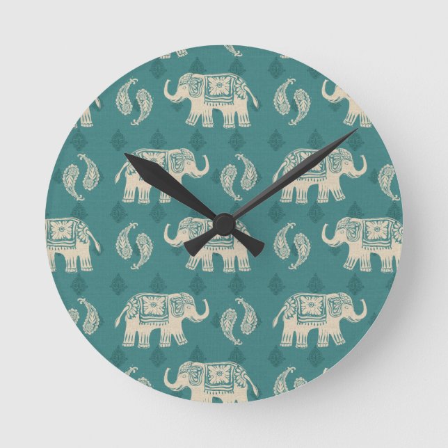 Elephant Teal Caravan Pattern Round Clock (Front)