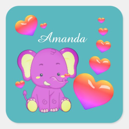  Elephant Teal Pink Purple Hearts Girl  Square Sticker