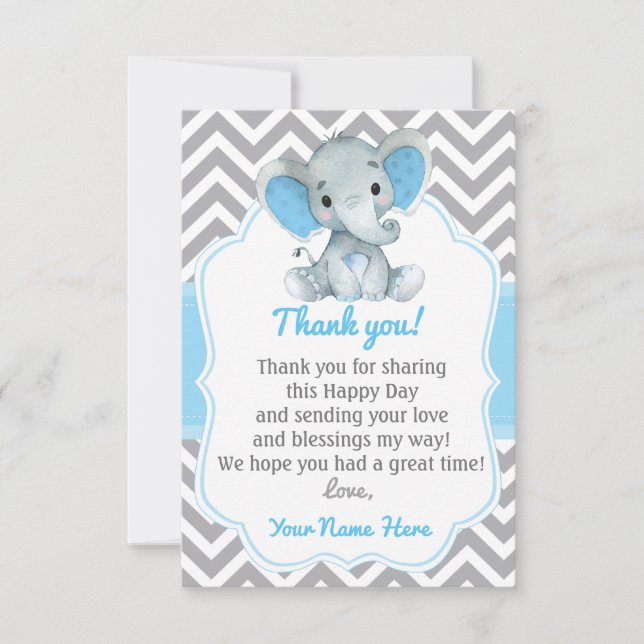 Elephant Thank You Card Blue Gray Chevron Boy (Front)