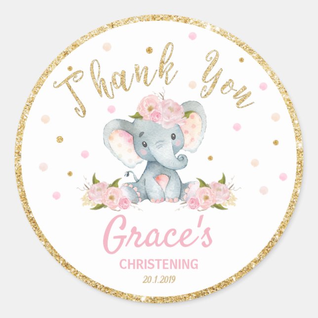 Elephant Thank You Sticker Labels Baptism Favors (Front)