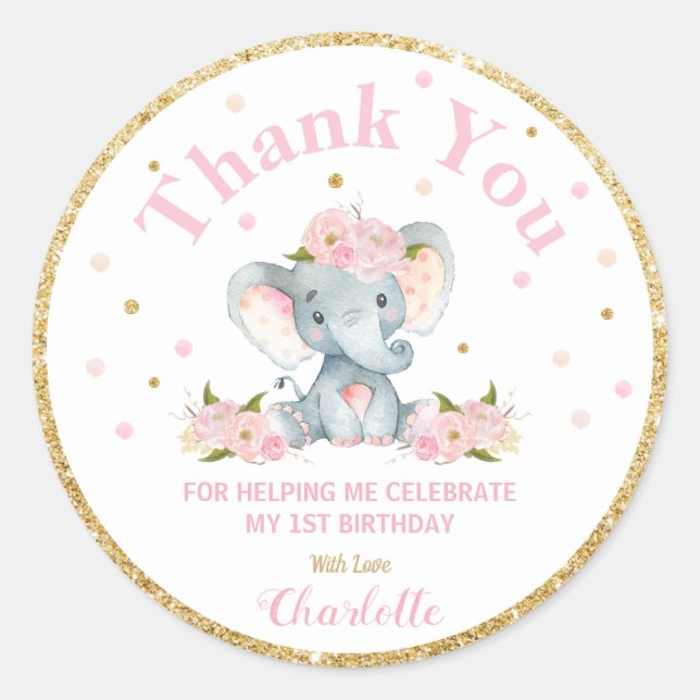 Elephant Thank You Sticker Labels Birthday Favors (Front)
