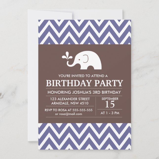 Elephant theme birthday boy party invitation (Front)