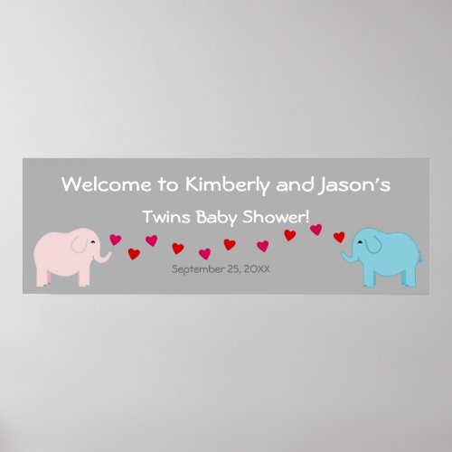 Elephant Theme Twin Boy  Girl Baby Shower Banner Poster