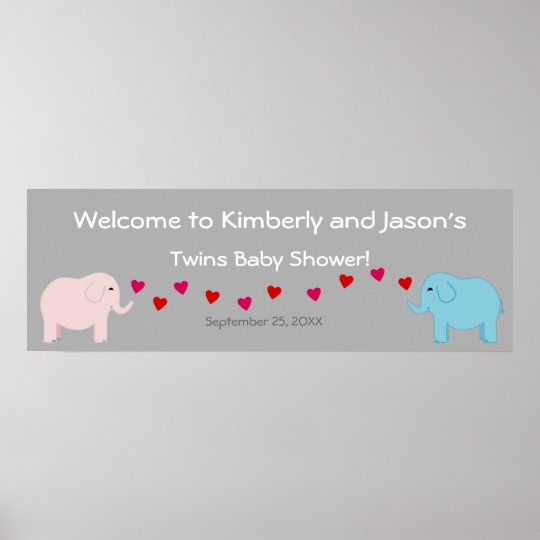 Elephant Theme Twin Boy Girl Baby Shower Banner Poster Zazzle Com