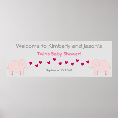 Elephant Theme Twin Girls Baby Shower Banner Poster