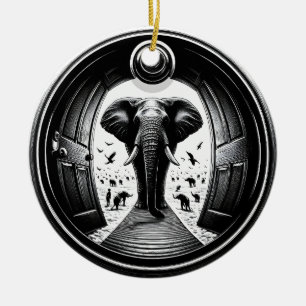Elephant Through the Peephole Doorway Fisheye Ceramic Ornament