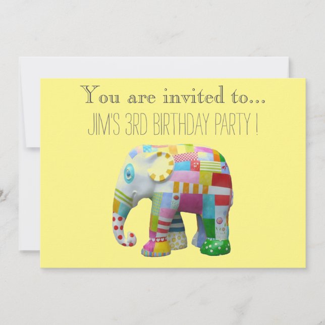 Elephant toy infant or toddler birthday party invitation (Front)