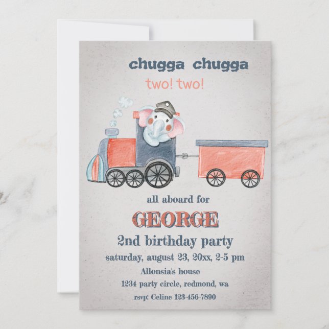Elephant Train Birthday Invitation (Front)