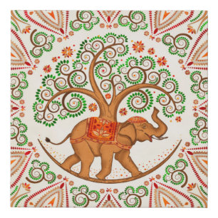 Elephant Tree of life in Mandala Faux Canvas Print