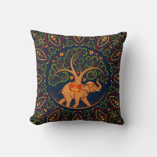 Elephant Tree of life in Mandala Throw Pillow (Front)