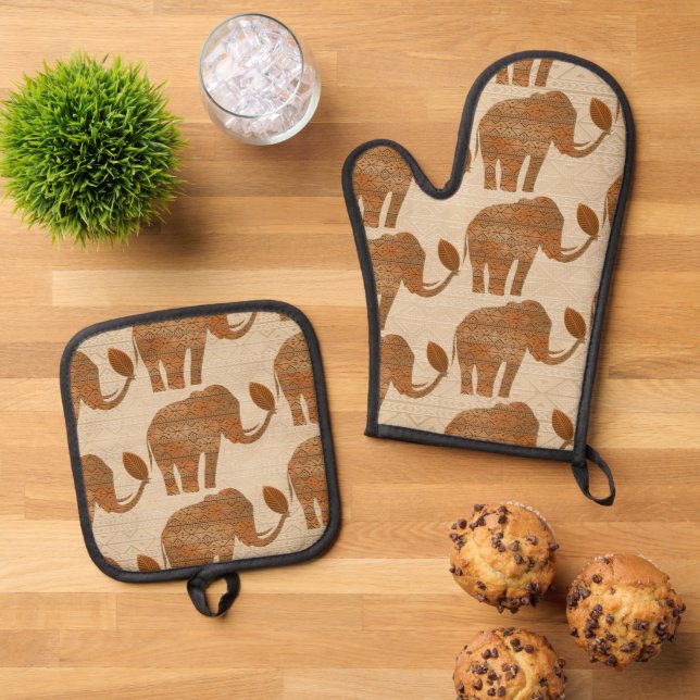 Elephant Tribal Art Design Oven Mitt & Pot Holder Set (Top Down)
