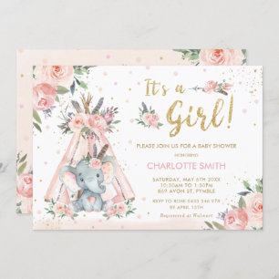 Elephant Tribal Blush Floral Girl Baby Shower Invitation