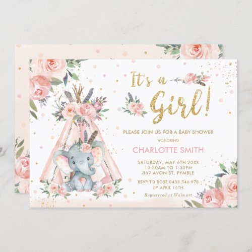 Elephant Tribal Blush Floral Girl Baby Shower Invitation